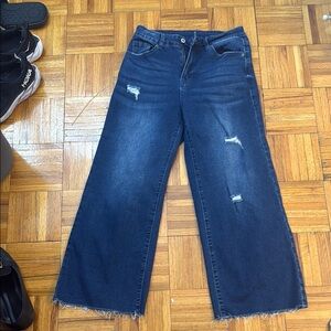 Blue Flare Wide Leg Jeans with Distressing